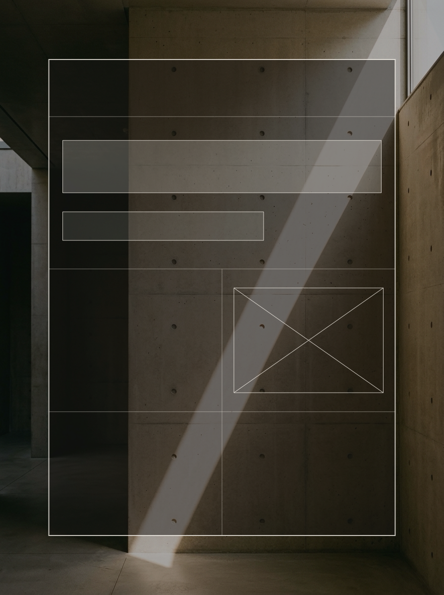 Capas arquitectónicas monocromáticas y retícula estructural que representan la jerarquía de una web antes de elegir colores