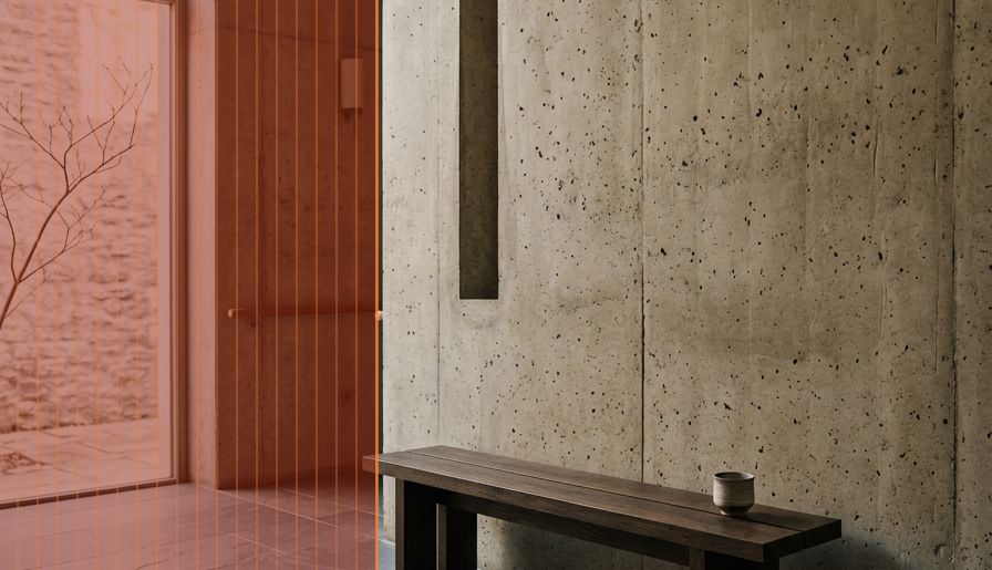 Espacio arquitectónico conceptual con texturas minerales, sombras cálidas y cristal ámbar que construye el universo donde habita una marca antes del logotipo